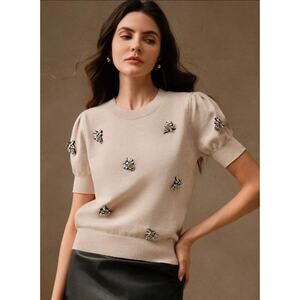 Anewsta Women's Elegant Heavy Embellished Bees Short Sleeve Biege Sweater Size L